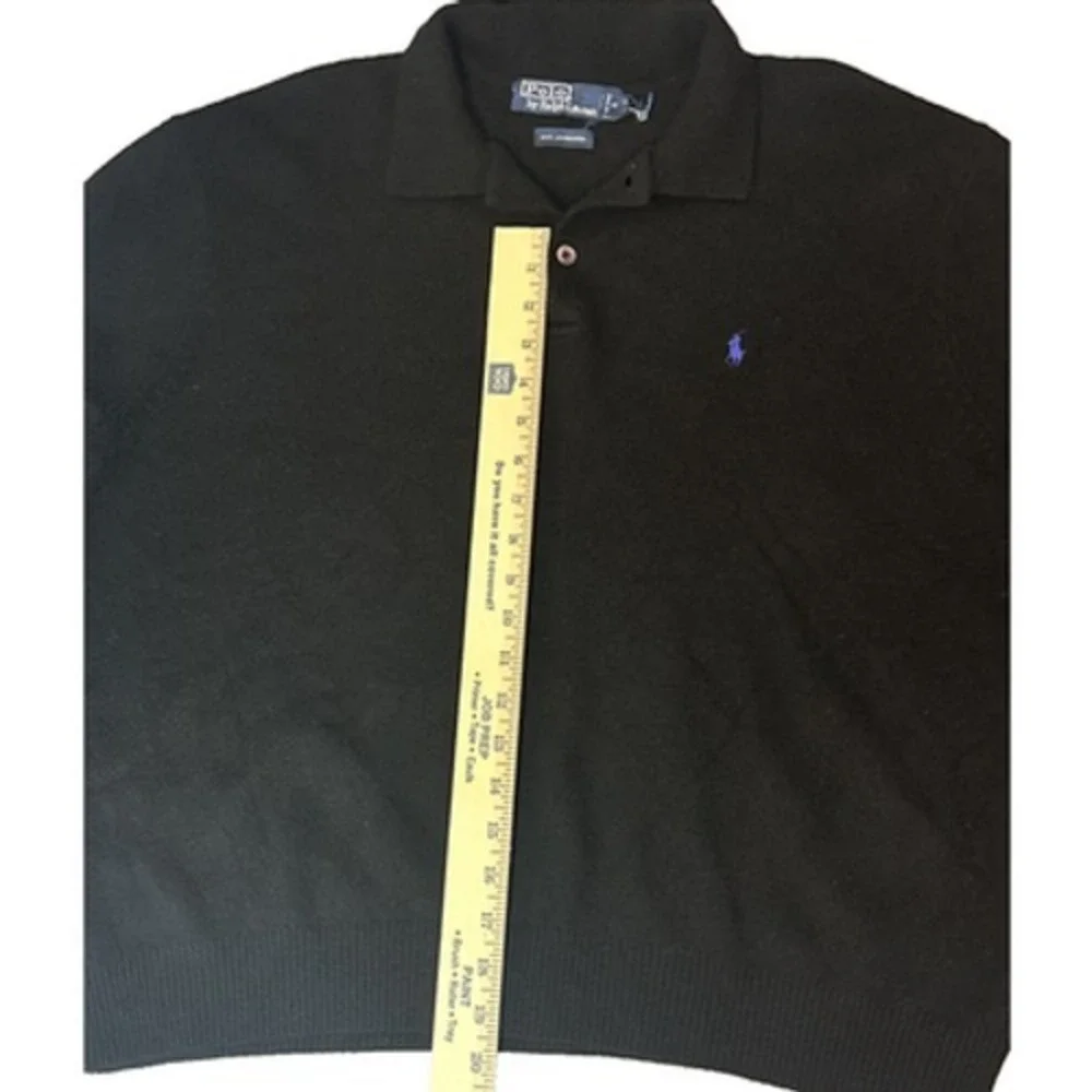 Polo Ralph Lauren Mens XL Black 100% Lambswool Knit Polo Sweater Pony Logo Flaw